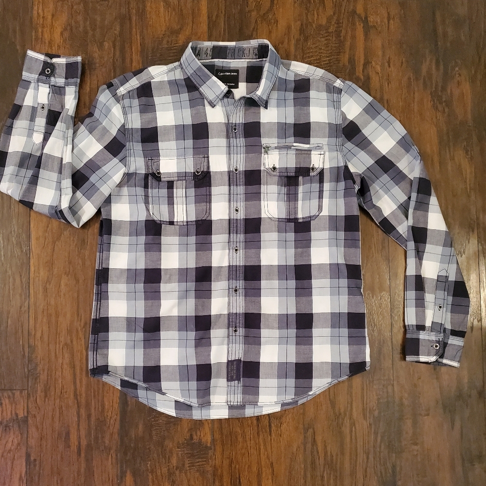 Calvin Klein Jeans Grey White Black Plaid Mens Button Down Shirt Size XL